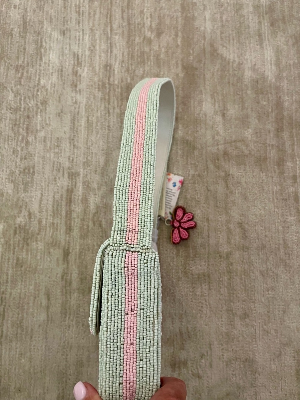 👛🦋🐛Beaded Garden/Caterpillar/Butterfly Shoulder Bag - Pink & Green - Picture 4 of 5